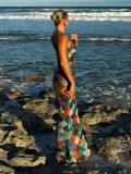 Halter Colour Block Long Dress Holiday Style Slim Backless Long Dress