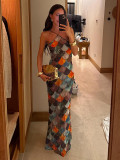 Halter Colour Block Long Dress Holiday Style Slim Backless Long Dress