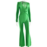 V-neck sexy long-sleeved tights flared jumpsuit