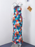 Halter Colour Block Long Dress Holiday Style Slim Backless Long Dress