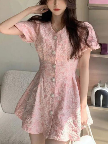 French dress for women summer V-neck puff sleeves dress