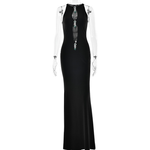 Elegant hollow women's dress sexy sleeveless metal hanging slim fishtail dress