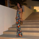 Halter Colour Block Long Dress Holiday Style Slim Backless Long Dress