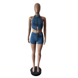 Shorts denim set halter neck tie stretch shorts set