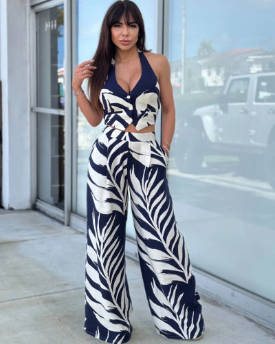 Women's Fashion Sexy Printed Halter Neck Top Wide Leg Pants Two-piece Set