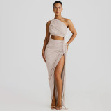 Women's One Shoulder Strapless Backless Hollow Tie Pleated Dress