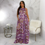 Women's summer vacation style sexy backless print jumpsuit