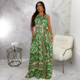 Women's summer vacation style sexy backless print jumpsuit