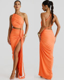 Women's One Shoulder Strapless Backless Hollow Tie Pleated Dress