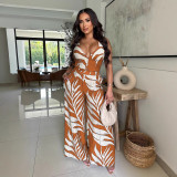Women's Fashion Sexy Printed Halter Neck Top Wide Leg Pants Two-piece Set