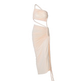 Women's One Shoulder Strapless Backless Hollow Tie Pleated Dress