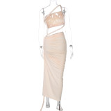 Women's One Shoulder Strapless Backless Hollow Tie Pleated Dress