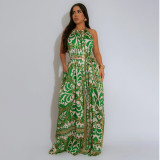 Women's summer vacation style sexy backless print jumpsuit