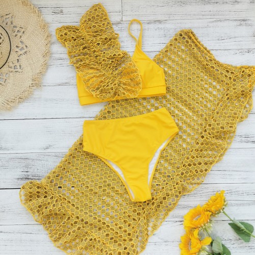 Solid color asymmetrical ruffle split swimsuit women's bikini three-piece beach suit