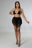 Summer women's hand-crocheted hollow out tassel bikini top sexy short skirt two-piece set