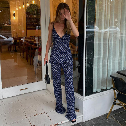 Summer sleeveless V-neck suspenders wide-leg trousers sexy two-piece suit printed women's clothing