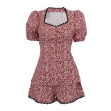 Women's Puff Sleeve Floral Pullover Top and Shorts Two-Piece Set