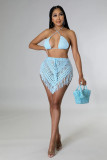 Summer women's hand-crocheted hollow out tassel bikini top sexy short skirt two-piece set