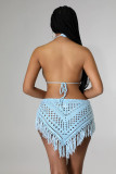 Summer women's hand-crocheted hollow out tassel bikini top sexy short skirt two-piece set