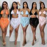 Summer women's hand-crocheted hollow out tassel bikini top sexy short skirt two-piece set