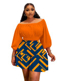 Plus size women's pleated off-shoulder neckline fluffy waist casual two-piece set