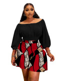 Plus size women's pleated off-shoulder neckline fluffy waist casual two-piece set
