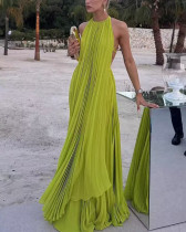 Summer green sleeveless solid color pleated two-piece maxi skirt set