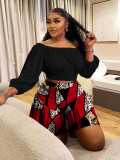 Plus size women's pleated off-shoulder neckline fluffy waist casual two-piece set