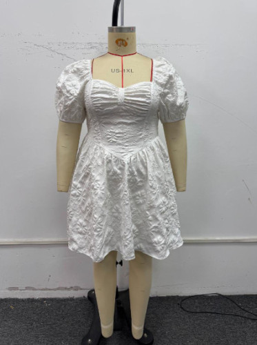 Summer plus size square neck dress slim fit puffy short white dress