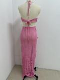 Hollow out hook flower beach vacation split bikini cover-up set