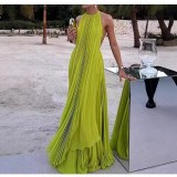 Summer green sleeveless solid color pleated two-piece maxi skirt set