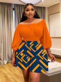 Plus size women's pleated off-shoulder neckline fluffy waist casual two-piece set