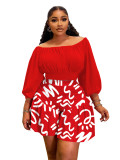Plus size women's pleated off-shoulder neckline fluffy waist casual two-piece set
