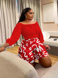 Plus size women's pleated off-shoulder neckline fluffy waist casual two-piece set