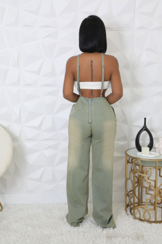 Women's tight waist slim fit stretch washed denim jumpsuit suspenders wide leg jumpsuit