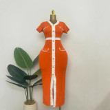 Summer V-neck slim fit contrast color knitted long dress