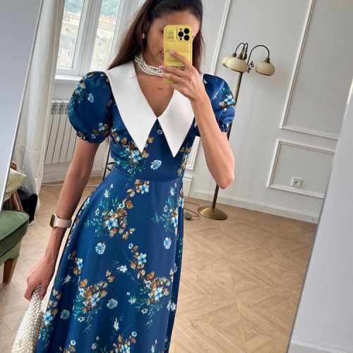 French short-sleeved dress for women blue floral slim high-end long dress