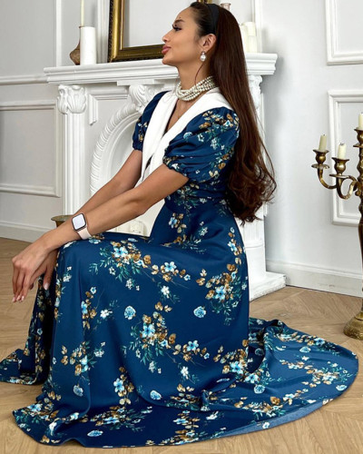French short-sleeved dress for women blue floral slim high-end long dress