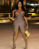Printed leopard women's sleeveless slim long jumpsuit