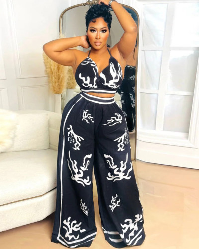 Printed V-neck sexy halter neck wide-leg pants set for women