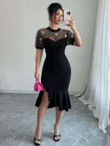 Women's mesh jacquard asymmetric hem party dress