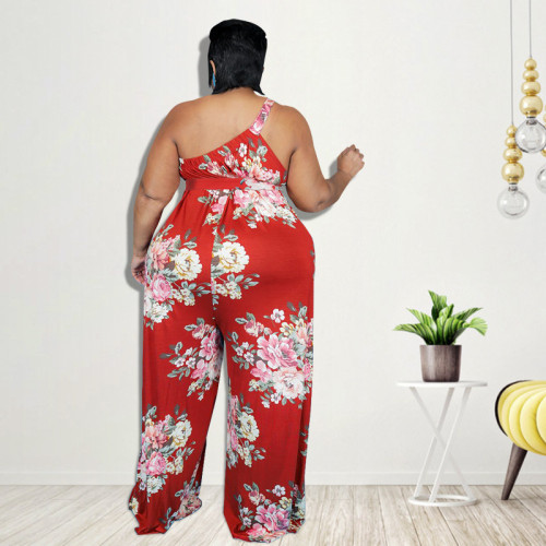 Plus Size Women's Clothing Summer Flower Printed Casual Jumpsuit