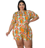Large size women's summer oblique shoulder printed shorts jumpsuit