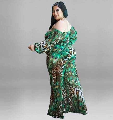 Plus size women's summer peacock flower off-shoulder tube top pants casual set
