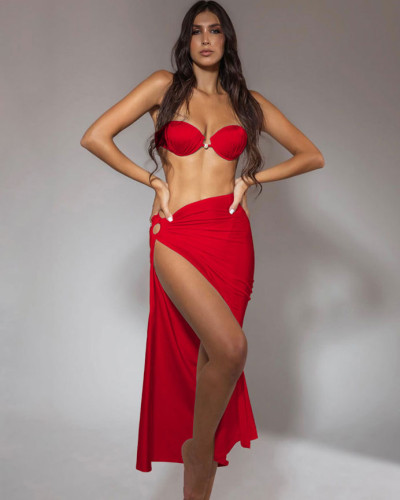 Women's solid color three-piece swimsuit set