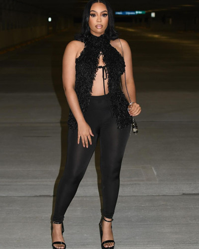 Women's Sexy Furry Tie-Drawstring Top Tight Pants Two-Piece Set