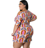 Large size women's summer oblique shoulder printed shorts jumpsuit