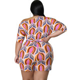 Large size women's summer oblique shoulder printed shorts jumpsuit