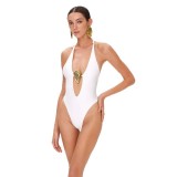 Women's halter neck solid color sexy one-piece swimsuit cover-up set