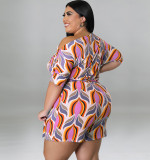 Large size women's summer oblique shoulder printed shorts jumpsuit